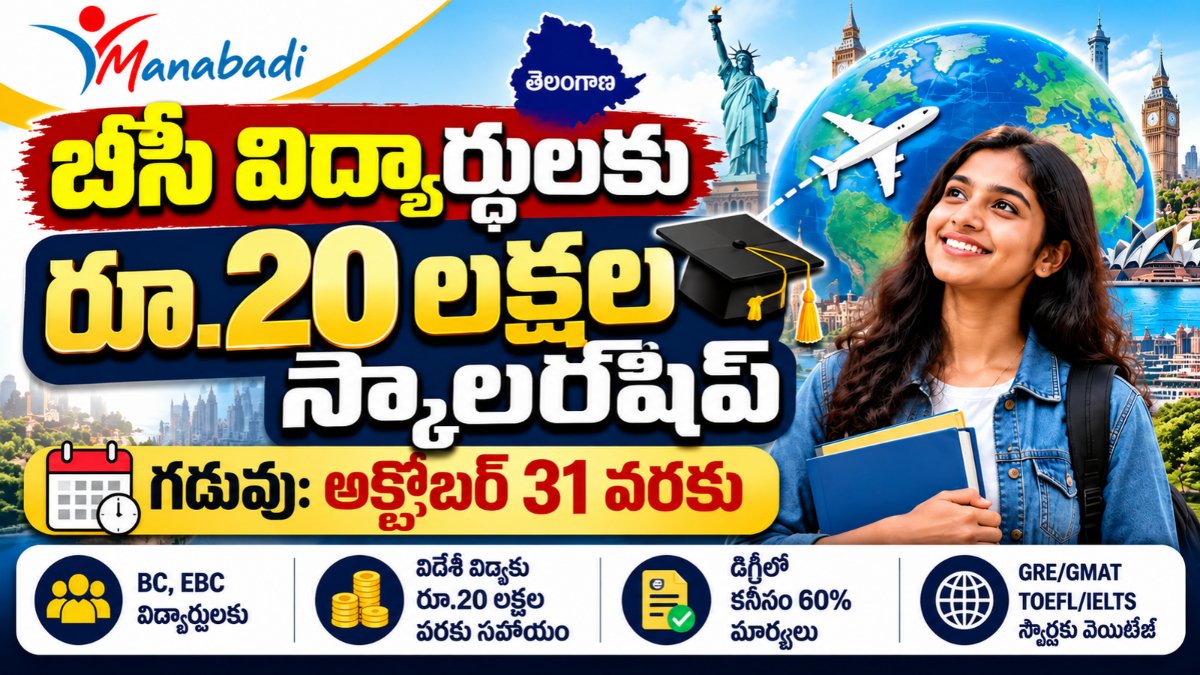 BC Overseas Scholarship Telangana 2026 – బీసీ విద్యార్థులకు రూ.20 లక్షల వరకు ఓవర్సీస్ స్కాలర్‌షిప్